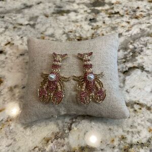 Lobster Pink Crystals Gold and Pearl Accents Earrings